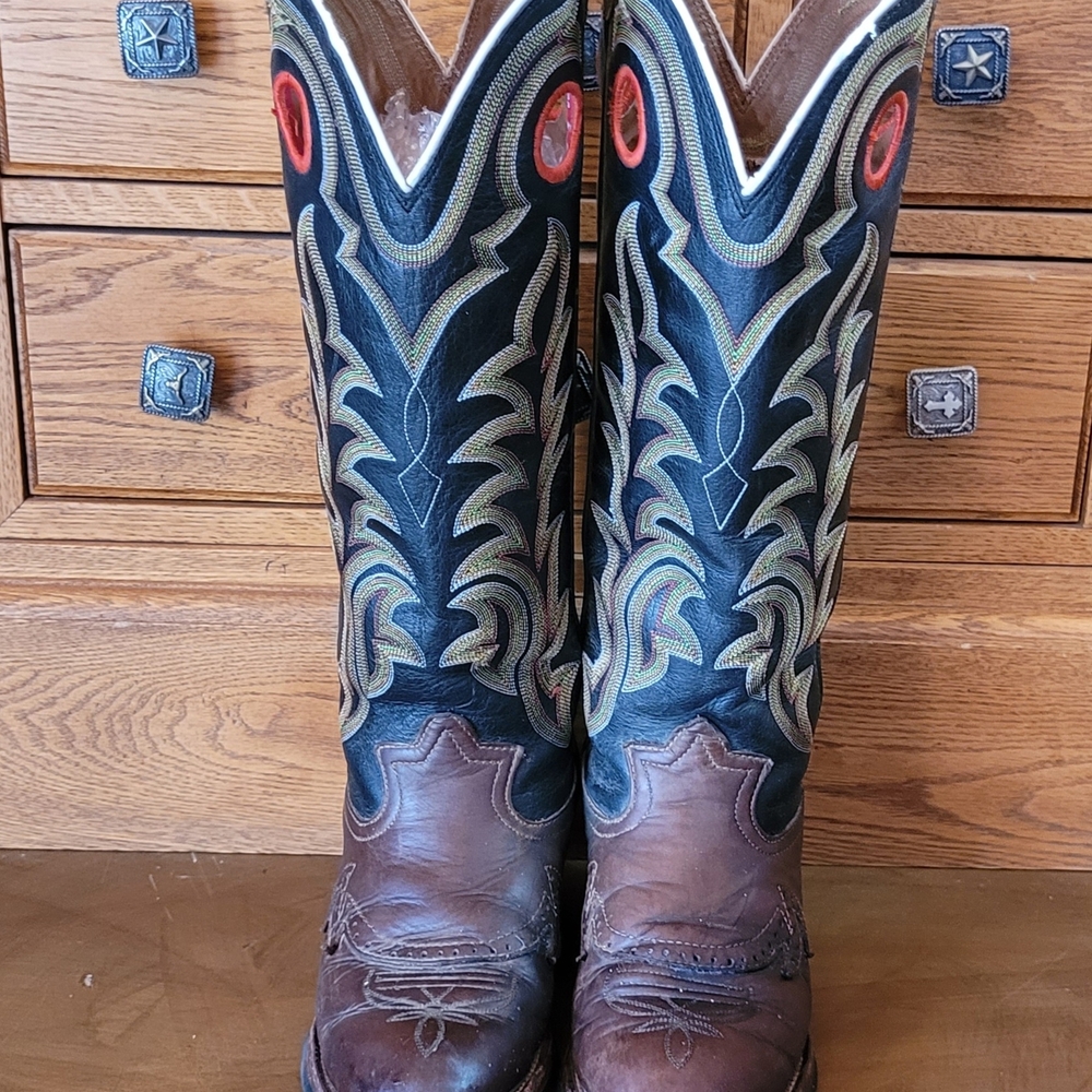Tony Lama Brown And Black With Fancy Stitching Leather Buckaroo Cowboy Boots - Picture 3 of 6